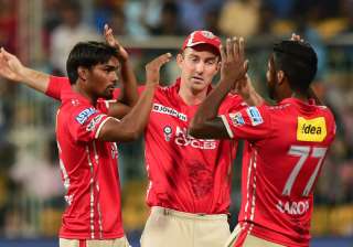 Punjab players celebrate after taking wicket of... Punjab players celebrate after taking wicket of...