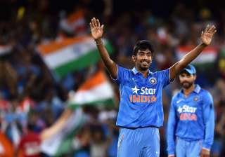 Jasprit Bumrah of India reacts after taking the... Jasprit Bumrah of India reacts after taking the...