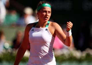Jelena Ostapenko of Latvia reacts during the... Jelena Ostapenko of Latvia reacts during the...