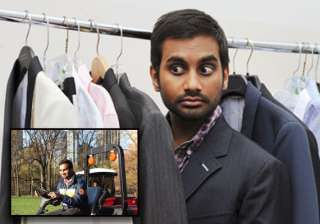 comedian aziz ansari mows lawn in central park -... comedian aziz ansari mows lawn in central park -...