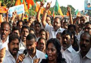 gujarat bjp workers stage protest over weakening... gujarat bjp workers stage protest over weakening...