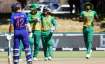 South Africa celebrate the wicket of Kunnar Rahul during the first ODI match between South Africa an