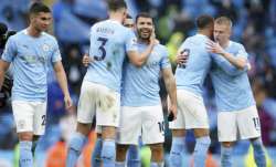 Manchester City's Sergio Aguero, centre, celebrates with