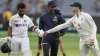 India's Ajinkya Rahane, left, is congratulated by