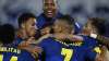Players of Brazil celebrate their side's opening goal